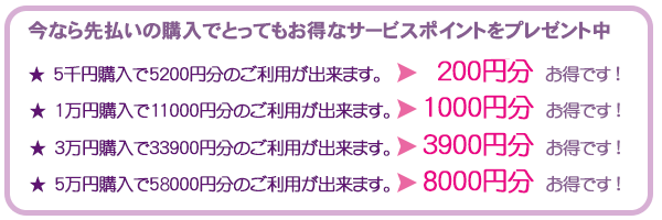 今なら先払いの購入でとってもお得なサービスポイントをプレゼント中!